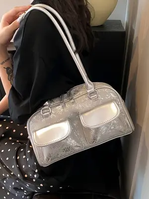Silver Women's Large Capacity Shoulder Bag Boston Style