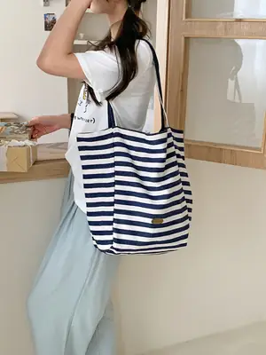 Korean Style Striped Canvas Tote Bag Large Capacity