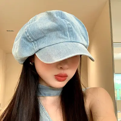 Women Blue Denim Cowboy Hat Big Head Retro Newsboy
