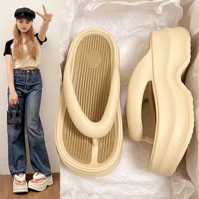 Women's Thick Insulated Flip Flops Beige 2024