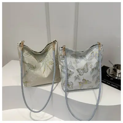 Women's Bamboo Embroidered Shoulder Bag Silk Textured 2024
