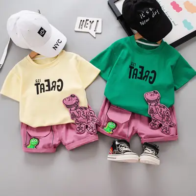Wholesale Boys T-Shirt Shorts Set Yellow Pink Summer