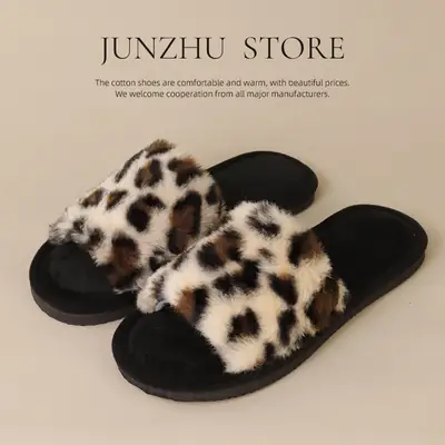 New cross-border ins leopard plush slippers cross-belt cotton slippers home warm autumn and winter fluffy slippers wholesale