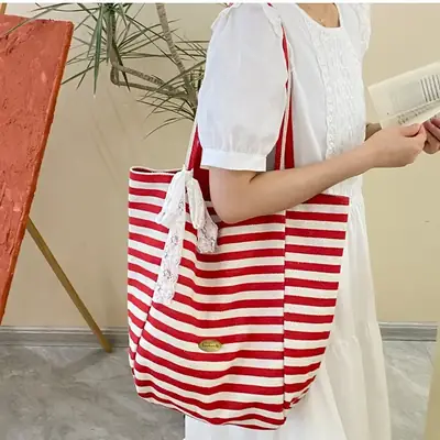 Reversible Korean Style Tote Bag Blue Striped Canvas Single Shoulder Large Capacity
