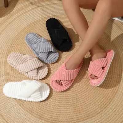Cross-Border Amazon Ins European and American Furry Cross-Strap Cotton Slippers for Women at Home Skin-Friendly Plush Cotton Slippers for Women Wholesale