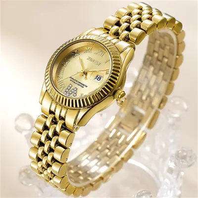 Women's Gold Date Quartz Wrist Watch with Green Dial