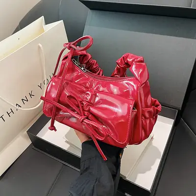 Red Korean Style Pleated Shoulder Bag Women 2024