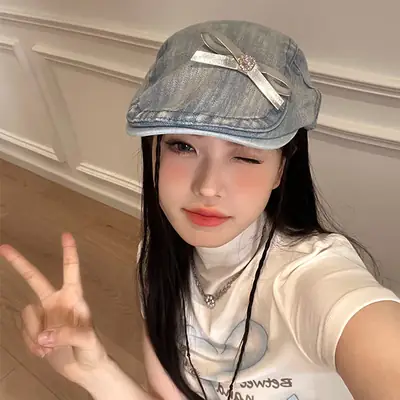 Women Denim Bow Cap Summer 2024 Y2K Vintage