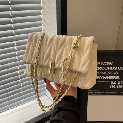 Women Pleated Chain Shoulder Bag Cream 2024