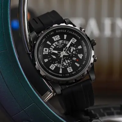 Men's Rose Gold Chronograph Watch with Black Strap