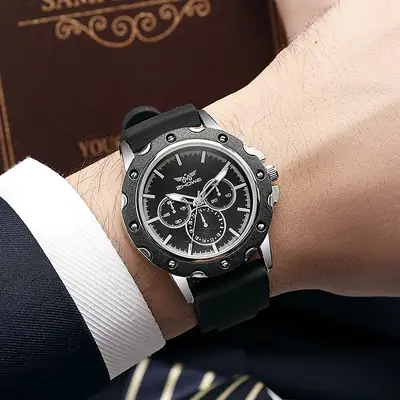 Men's Three-Eye Wormhole Scale Quartz Watch Brown Black Blue