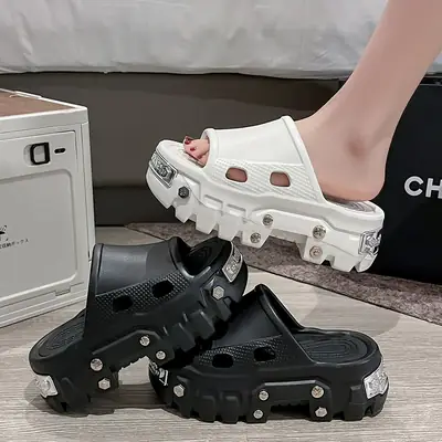 Women's White PVC Platform Sandals with Rivet Holes