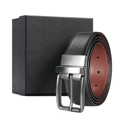 Men's Black Leather Pin Buckle Belt with Gift Box