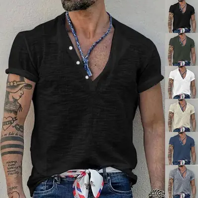 Men's Blue Bamboo Henley T-Shirt Short Sleeve