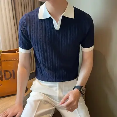 Men Knitted Polo T-Shirt White Navy Spring Autumn Loose Fit