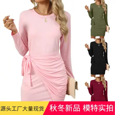 Women's Olive Green Belt Knot Long Sleeve Dress