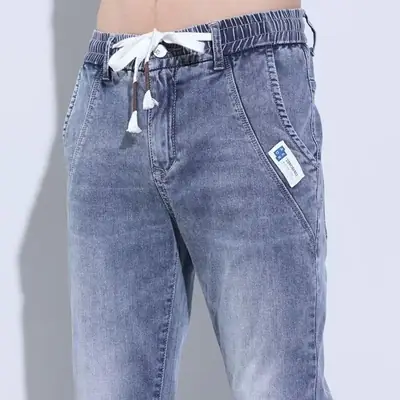 Men Denim Cropped Jeans Blue Stretch Casual Pants