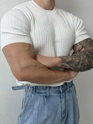 Men Black Knit T-Shirt Short Sleeve Summer Wear
