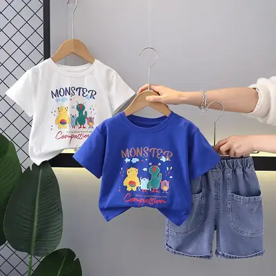 Blue Monstoro Cartoon T-Shirt & Denim Shorts Set for Boys