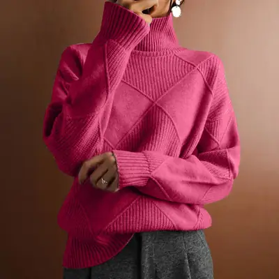 Foreign Trade New European and American Pullover Loose Elegant Commuter Knitwear Pure Color Turtleneck Rhombus Fashion Knitwear for Women