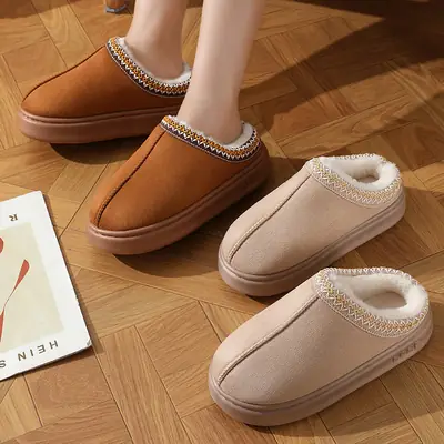 Cross-border new autumn and winter lace ethnic fashion cotton slippers for men and women couples indoor and outdoor warm cotton slippers