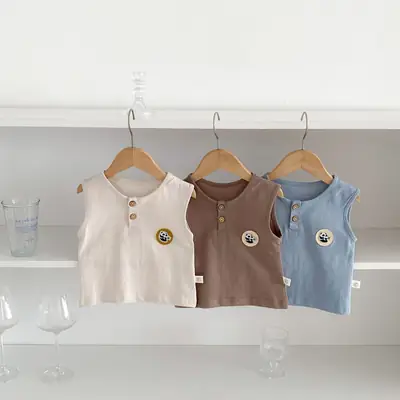 Korean Style Baby Vest Pure Cotton Boys 0-2Yr Sleeveless Round Neck Cartoon T-Shirt