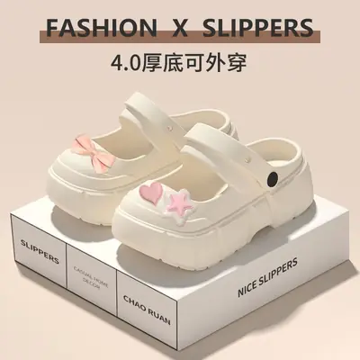 Fairy Style Shoes with Shoes and Shoes for Women 2024 Summer New Style Thick Bottom Bow Two-Wearing Baotou Half Slippers