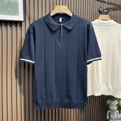 Men's White Kitted Polo Shirt with Zipper Front & Navy Pants