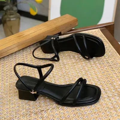 Black French Style Heel Sandals for Women