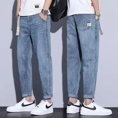 Men Blue Denim Cropped Jeans 2024 Trendy