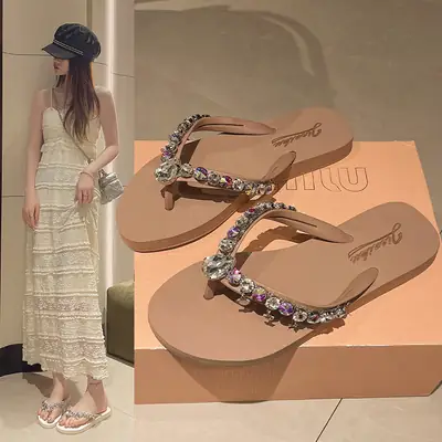Women Rhinestone Flip Flops Summer Beach Slippers