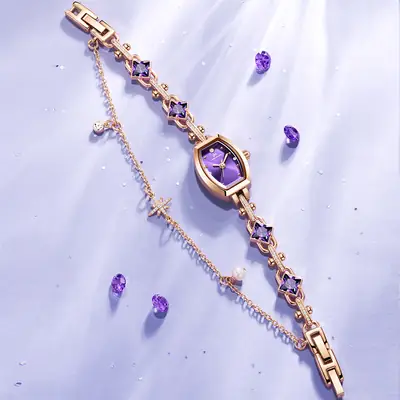 Elegant Purple Diamond Women's Quartz Watch with Gold Plated Strap