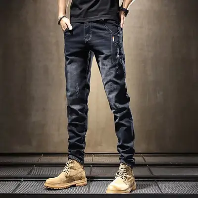 Men Slim Fitting Dark Blue Straight Pants 2025 Spring