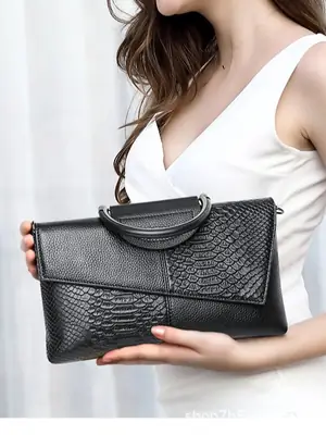 Black Croc Leather Clutch Bag for Women Large Capacity