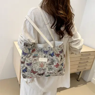 Large Capacity Cross-Border Canvas Tote Bag with Butterfly Print