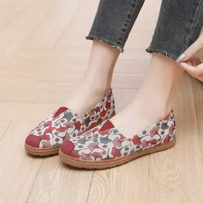 Women's Red Printed Slip-On Flat Shoes with Soft Sole