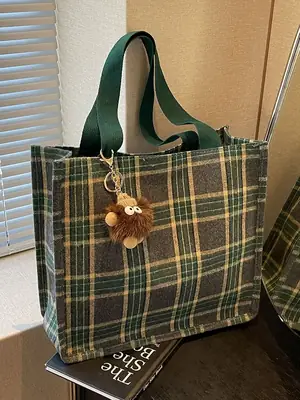 Women Plaid Canvas Tote Bag Large Capacity 2024