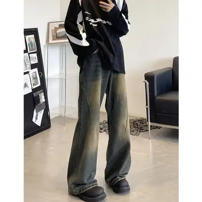 Men Retro Jeans Loose Fit Wide Leg Pants Casual Sparkle