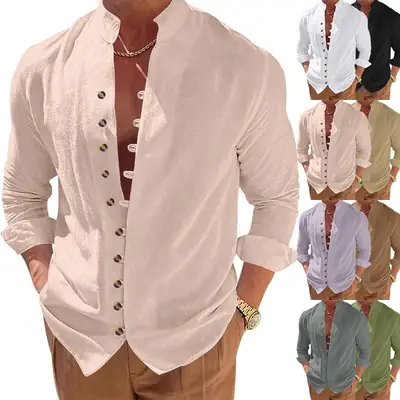 Men's Brown Button-Up Linen Shirt Loose Fit