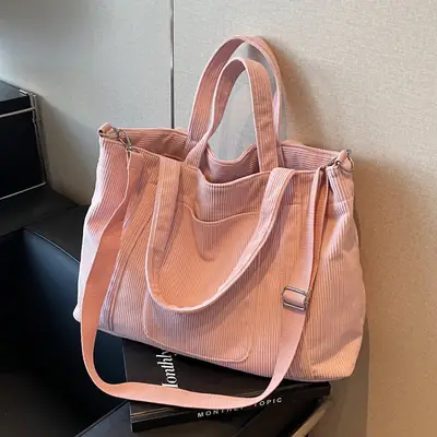 Women's Pink Corduroy Tote Bag Large Capacity Shoulder Crossbody