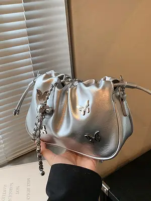 Silver Butterfly Drawstring Bucket Bag for Women