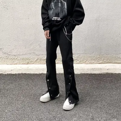 Men Black Zipper Slit Casual Pants with White Sneakers