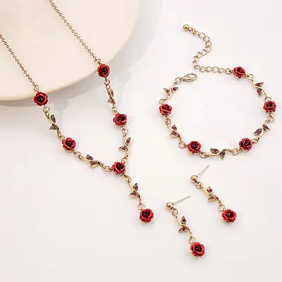 French Vintage Red Rose Dangle Earrings Set