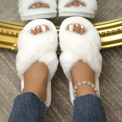 Cross Strap Women's Plush Slippers Foreign Trade Cross-border Slippers Open Toe Slippers Home Girls Warm Cotton Slippers