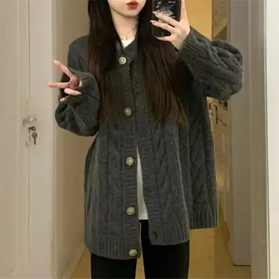 Vintage Twist Knit Coat Women Winter Warm Loose Sleeve