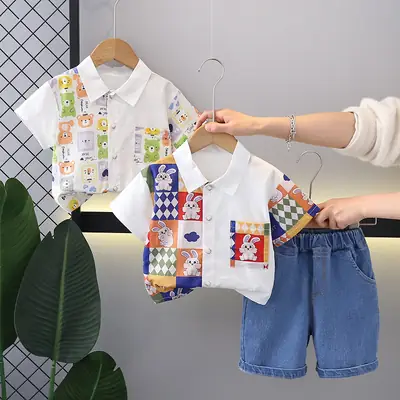 Kids Korean Print Short Sleeve T-Shirt Shorts Set 2024