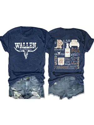 Women Retro Cow Head Denim T-Shirt Purple Round Neck