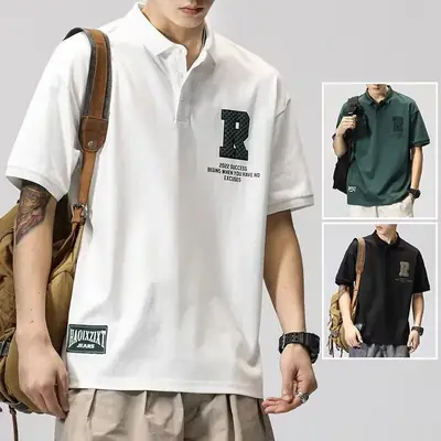 Men's White Polo T-Shirt Short Sleeve Loose Fit