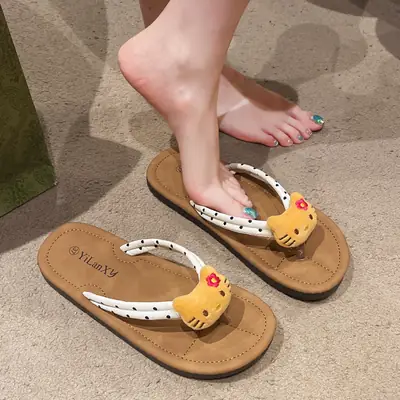 2024 Cartoon Cat Flat Flip Flops Women Plus Size