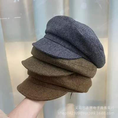Women British Retro Hat Brown Herringbone Large Cap
